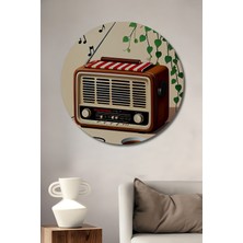 Teona Ahşap Retro Radyo ve Saksı Bitkisi Sulu Boya Görünümlü Ahşap Dekoratif Tablo Yuvarlak Duvar Tablosu