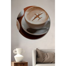 Teona Ahşap Uçak Temalı Kahve Bardağı Yağlı Boya Görünümlü Ahşap Dekoratif Tablo Yuvarlak Duvar Tablosu