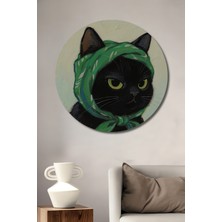 Teona Ahşap Yeşil Fularlı Siyah Kedi Yağlı Boya Görünümlü Dekoratif Ahşap Tablo Yuvarlak Duvar Tablosu