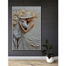 Teona Ahşap Beyaz At ve Kadın Buluşması Yağlı Boya Görünümlü Modern Sanat Ahşap Dekoratif Ev,antre,salon Tablo