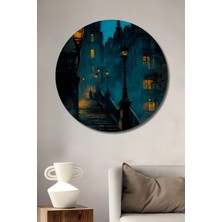 Teona Ahşap Paris Sokakları Yağlı Boya Görünümlü Ahşap Dekoratif Tablo Yuvarlak Duvar Tablosu