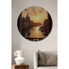 Teona Ahşap Venedik Altın Gün Batımı Yağlı Boya Görünümlü Sanat Ahşap Dekoratif Tablo Yuvarlak Duvar Tablosu