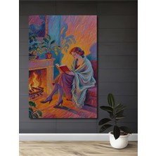 Teona Ahşap Şömine Başında Kitap Okuyan Kadın Pastel Boya Görünümlü Dekoratif Ahşap Ev,antre,salon,ofis Tablo