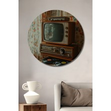 Teona Ahşap Retro Vintage Televizyon ve Pikaplı Ahşap Dekoratif Tablo Yuvarlak Duvar Tablosu