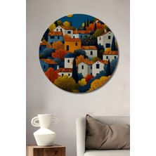 Teona Ahşap Turuncu Sonbahar Köy Yağlı Boya Görünümlü Dekoratif Ahşap Tablo Yuvarlak Duvar Tablosu