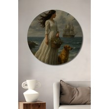 Teona Ahşap Baskı Ahşap Tablo Deniz Kenarı Kadın Köpek Yelkenli Yağlı Boya Görünümlü Klasik Sanat Yuvarlak Duvar Tablosu