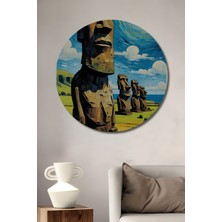 Teona Ahşap Dev Moai Taş Heykelleri Yağlı Boya Görünümlü Ahşap Dekoratif Tablo Yuvarlak Duvar Tablosu