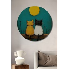 Teona Ahşap Iki Kedi Dolunay Ahşap Dekoratif Tablo Yuvarlak Duvar Tablosu