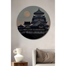 Teona Ahşap Devasa Ay Işığında Japon Kalesi Yağlı Boya Görünümlü Ahşap Dekoratif Tablo Yuvarlak Duvar Tablosu