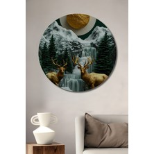 Teona Ahşap Altın Geyikler Şelale Manzarası Yağlı Boya Görünümlü Ahşap Dekoratif Tablo Yuvarlak Duvar Tablosu