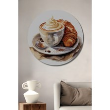 Teona Ahşap Lezzetli Kahve ve Kruvasan Sulu Boya Görünümlü Dekoratif Ahşap Tablo Yuvarlak Duvar Tablosu