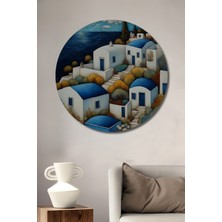 Teona Ahşap Santorini Rüyası Yağlı Boya Görünümlü Ahşap Dekoratif Tablo Yuvarlak Duvar Tablosu