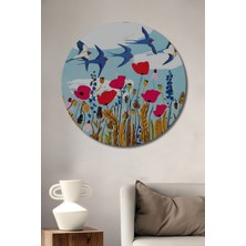 Teona Ahşap Sulu Boya Görünümlü Kırlangıçlar ve Gelincikler Ahşap Dekoratif Tablo Yuvarlak Duvar Tablosu