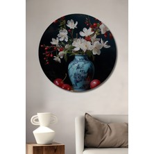 Teona Ahşap Narin Beyaz Çiçekler ve Kırmızı Meyveler Yağlı Boya Görünümlü Ahşap Tablo Yuvarlak Duvar Tablosu