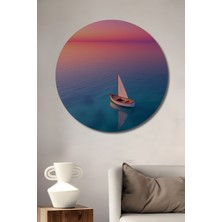 Teona Ahşap Gün Batımı Yelkenlisi Sulu Boya Görünümlü Modern Sanat Ahşap Dekoratif Tablo Yuvarlak Duvar Tablosu