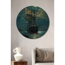 Teona Ahşap Dolunay Altında Yelken Açan Tarihi Gemi Yağlı Boya Görünümlü Dekoratif Ahşap Tablo Yuvarlak Duvar Tablosu