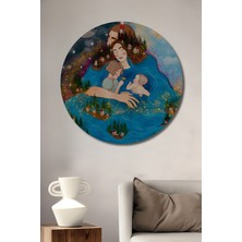 Teona Ahşap Aile Bütünlüğü Suluboya Görünümlü Ahşap Dekoratif Tablo Yuvarlak Duvar Tablosu