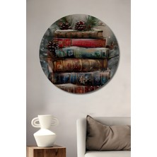 Teona Ahşap Kış Temalı Antik Kitap Yığını Yağlı Boya Görünümlü Dekoratif Ahşap Tablo Yuvarlak Duvar Tablosu