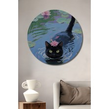 Teona Ahşap Siyah Kedi Su Lilyumlarında Sulu Boya Görünümlü Sanat Tablosu Yuvarlak Duvar Tablosu