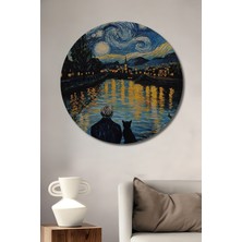 Teona Ahşap Yıldızlı Gece Manzarası Adam ve Kedi Ahşap Dekoratif Tablo Yuvarlak Duvar Tablosu