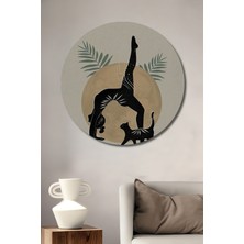 Teona Ahşap Kadın Yoga ve Kedi Silüeti Yağlı Boya Görünümlü Modern Sanat Ahşap Dekoratif Tablo Yuvarlak Duvar Tablosu