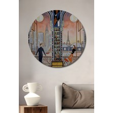 Teona Ahşap Neo-Art Deco Iki Şehir Manzaralı Sulu Boya Görünümlü Kadın ve Erkek Ahşap Dekoratif Tablo Yuvarlak Duvar Tablosu