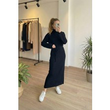 Niche Thread Volanlı Triko Tesettür Elbise - Siyah