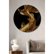 Teona Ahşap Altın Koi Balığı Yağlı Boya Görünümlü Dekoratif Ahşap Tablo Yuvarlak Duvar Tablosu