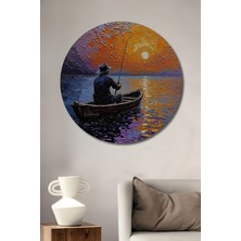 Teona Ahşap Balıkçı Teknesiyle Gün Batımı Yağlı Boya Görünümlü Ahşap Dekoratif Tablo Yuvarlak Duvar Tablosu