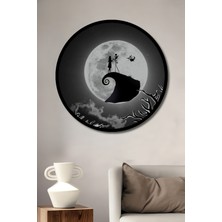 Teona Ahşap Jack Skellington ve Sally Dolunay Manzarası Yağlı Boya Görünümlü Dekoratif Ahşap Tablo Yuvarlak Duvar Tablosu