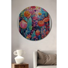 Teona Ahşap Yayoi Kusama Yağlı Boya Görünümlü Çiçek Tual Ahşap Dekoratif Tablo Yuvarlak Duvar Tablosu