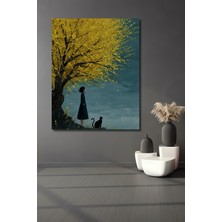 Teona Ahşap Gızemlı Sonbahar Kadını ve Siyah Kedi Sulu Boya Görünümlü Ahşap Dekoratif Ev,antre,salon Tablo