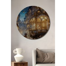 Teona Ahşap Sulu Boya Görünümlü Masalsı Buharlı Tren Tablosu Yuvarlak Duvar Tablosu