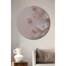 Teona Ahşap Zarif Inci Çiçekleri Sulu Boya Görünümlü Ahşap Dekoratif Tablo Yuvarlak Duvar Tablosu