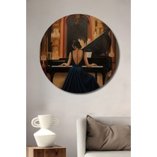Teona Ahşap Kadın Piyanist Yağlı Boya Görünümlü Dekoratif Ahşap Tablo Yuvarlak Duvar Tablosu