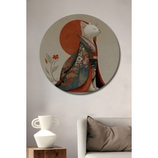 Teona Ahşap Beyaz Kedi Kimono Sanat Ahşap Dekoratif Tablo Yuvarlak Duvar Tablosu