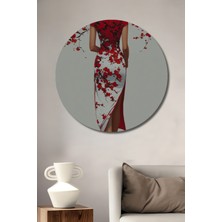 Teona Ahşap Çiçek Desenli Geleneksel Kırmızı Elbise Yağlı Boya Görünümlü Ahşap Dekoratif Tablo Yuvarlak Duvar Tablosu