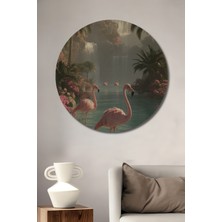 Teona Ahşap Flamingo Cenneti Sulu Boya Görünümlü Dekoratif Ahşap Tablo Yuvarlak Duvar Tablosu
