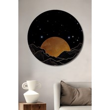 Teona Ahşap Altın Varak Dağ Manzarası Sulu Boya Görünümlü Ahşap Dekoratif Tablo Yuvarlak Duvar Tablosu