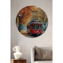Teona Ahşap Sonbahar Tramvayı Sulu Boya Görünümlü Dekoratif Ahşap Tablo Yuvarlak Duvar Tablosu