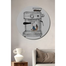 Teona Ahşap Yağlı Boya Görünümlü Kadın Kahve Makinesi Ahşap Dekoratif Tablo Yuvarlak Duvar Tablosu