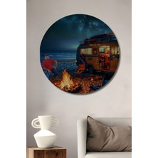 Teona Ahşap Kamp Ateşi Eşliğinde Muhteşem Sahil Manzarası Sulu Boya Görünümlü Ahşap Dekoratif Tablo  Yuvarlak Duvar Tablosu
