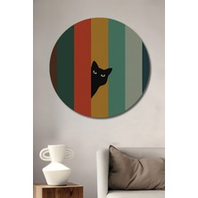 Teona Ahşap Gızemlı Siyah Kedi Renkli Çizgiler Poster Tablo Yuvarlak Duvar Tablosu