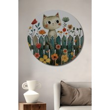 Teona Ahşap Sevimli Kedi ve Renkli Çiçekler Sulu Boya Görünümlü Dekoratif Ahşap Tablo Yuvarlak Duvar Tablosu