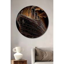 Teona Ahşap Buharlı Gemi Hat Sanatı Ahşap Dekoratif Tablo Yuvarlak Duvar Tablosu