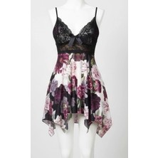 Biçomi Bicomi Özel Tasarım Çiçek Desenli Ince Askılı Dantel Işlemeli Bol Kesim Mini Gecelik