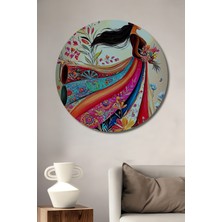 Teona Ahşap Renk Cümbüşü Etnik Desen Kadın Silüeti Sulu Boya Görünümlü Ahşap Dekoratif Tablo Yuvarlak Duvar Tablosu