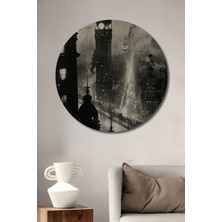 Teona Ahşap Steampunk Şehir Manzarası Yağlı Boya Görünümlü Ahşap Tablo Yuvarlak Duvar Tablosu