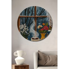 Teona Ahşap Kış Penceresi Çiçekler ve Kahve Yağlı Boya Görünümlü Ahşap Dekoratif Tablo Yuvarlak Duvar Tablosu