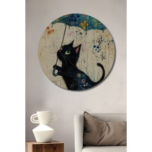 Teona Ahşap Sevimli Kara Kedi Yağlı Boya Görünümlü Ahşap Tablo Yuvarlak Duvar Tablosu